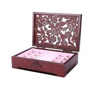 BIBTOO Joyero de Madera, joyero Chino Vintage Tallado en Rosa, Caja de Almacenamiento de una Sola Capa, Color Vino Tinto
