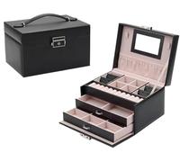 BIBTOO Joyero de Tres Niveles, Tipo cajón, de Madera, for Guardar Pendientes, Anillos y Joyas.(Black)