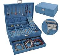 BIBTOO Joyero Grande de Madera con cajón for Guardar Collares, Pendientes y Pulseras, Color Azul.(1)