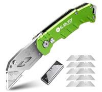 BIBURY Cuchillos Utilitarios, Cuchillo Plegable Portátil, Versión Actualizada Cúter Professional, con 10 Cuchillas de Acero Inoxidable SK5, Clip para Cinturón, Bloqueo de Seguridad Cortador (Verde)