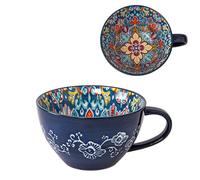 Bibykivn Taza de Sopa de Cerámica 400 ml con Asa, Cuenco de Sopa de Cerámica Pintado a Mano, Resistente al Horno y Microondas - Para Desayuno, Muesli, Postre, Leche, Frutas y Ensalada (BLK)