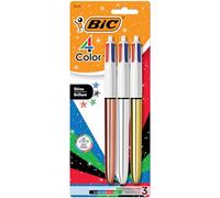 BIC 4 Color Shine - Bolígrafo retráctil con punta media de 1 mm y barril metálico brillante, 3 unidades en tinta surtida