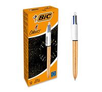 BIC 4 Colores Bolígrafos Retractables Punta Media (1,0 mm) - Cuerpo Texturado Dorado Escarchado, Caja de 12