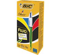 BIC 4 Colores Neon Bolígrafos Punta Media (1,0 mm) Tinta Negra, Azul, Rojo y Amarillo Fluorescente, (Caja de 12 Uds.)