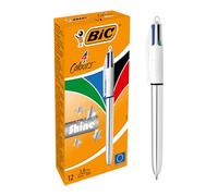BIC 4 colores Shine bolígrafos Retráctiles punta media (1,0 mm) - diseño metalizado Plata, Caja de 12 bolis