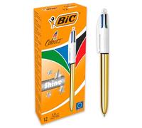 BIC 4 colores Shine - Caja de 12 unidades, bolígrafos punta media (1,0 mm), diseño metalizado, color dorado