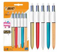 BIC 4 Colores Shine y Party Bolígrafo Retráctil de Punta Media (1,0 mm) en Plateado, Dorado, Rojo, Azul y Dorado con Efecto Congelado Metalizados - Pack de 5