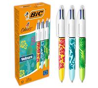 BIC 4 colores Velours - Bolígrafo motivos Naturaleza, punta media (1,0 mm), Caja de 12 unidades