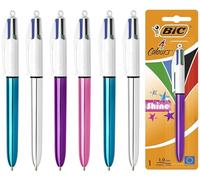 BIC 4 Colors Shine - Bolígrafos retráctiles todo en uno, multicolor, tinta negra, azul, verde, roja, punta media de 1,0 mm, paquete de 6, barriles metálicos surtidos