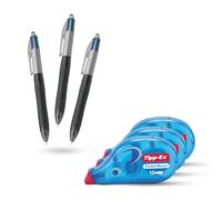 BIC 4 Colour Grip Pro - Juego de 3 bolígrafos con barril de plástico duradero, 4 colores de tinta y cintas correctoras Tipp-Ex Pocket Mouse con cinta de secado instantáneo de 10 m para escritura y