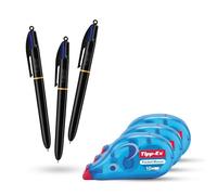 BIC 4 Colour Pro - Paquete de 3 bolígrafos con barril de plástico duradero, 4 colores de tinta y cintas correctoras Tipp-Ex Pocket Mouse con cinta de secado instantáneo de 10 m para escritura y