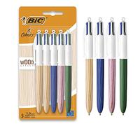 BIC 4 Colours Wood Style Bolígrafos Retráctiles de Punta Media (1,0 mm) con Cuerpo efecto Madera - Pack de 5