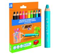 BIC Kids Lápices de Colores Multisuperficie con Cuerpo Triangular y Minas Borrables en Superficies No Porosas - Colores Surtidos, Pack de 10+1 Sacapuntas