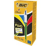 BIC 933948 4 colores Fluo bolígrafos Retráctiles - Tinta Negra, Azul, Rojo y Amarillo Fluorescente, Caja de 12 unidades