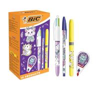 BIC Animales Fantásticos - Bolígrafos de punta media (1,0 mm), resaltadores neón y pastel punta biselada, ratón corrector, diseño surtido, caja de 15
