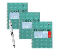 BIC - Bolígrafo de 4 colores con 3 colores de tinta + 1 lápiz de mina HB y bloc Pukka A4 metálico Jotta paquete de 3 cuadernos de espiral de líneas de 8 mm, papel de 80 g/m² para estudiantes y