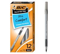 BIC Bolígrafo Stic Grip, color negro 12 Count | Punta media de 1,2 mm. Diseño de agarre suave para mayor comodidad. Flujo de tinta suave para una escritura sin esfuerzo