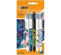 Bic, Bolígrafos Decor, Paquete con 5 bolis de Bic 4 colores en diseño Botanical surtido y tinta azul, verde, rojo y negro, Bolígrafos Bic 1.0 mm