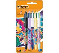 Bic, Bolígrafos Decor, Paquete con 5 bolis de Bic 4 colores en diseño Botanical surtido y tinta azul, verde, rojo y negro, Bolígrafos Bic 1.0 mm