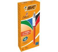 Bic Bolígrafos Línea Fine - Caja de 12 en 4 Colores, 0.8 mm, Rojo, Negro, Verde y Azul Original - Ideales para Escribir