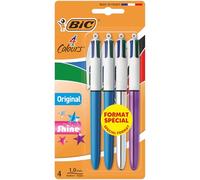 BIC Bolígrafos retráctiles multicolor de 4 colores, punta media de 1,0 mm, paquete de 4, barriles originales y brillantes, tinta negra, azul, verde y roja