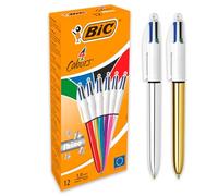 BIC Bolígrafos retráctiles Shine 4 colores, punta media (1,0 mm), barriles metálicos surtidos, caja de 12 unidades