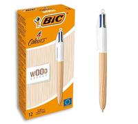 BIC Lote de 3 bolígrafos de bola de 4 colores retráctiles de madera estilo punta mediana