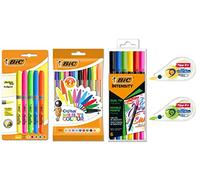 BIC Colourful Set con Cinta Correctora Mini Pocket Mouse, Bolis Cristal Multicolor, Subrayadores Highlighter Grip y Rotuladores Intensity Dual Tip - Colores Surtidos, Pack de 23