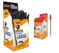 BIC Cristal Large bolígrafos Punta Gruesa (1,6 mm) - Negro, Caja de 50 unidades + Original Caja de 50 unidades - bolígrafos punta media (1,0 mm), color rojo - material oficina