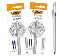BIC Cristal Re'New Bolígrafo de metal recargable, pack de 2 bolígrafos + 4 recargas, tinta azul y negro