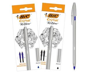 BIC Cristal Re'New Bolígrafo de metal recargable, pack de 2 bolígrafos + 4 recargas, tinta azul y negro