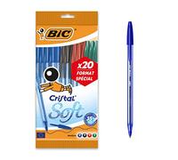 BIC Cristal Soft, Boligrafos de Punta Media (1,2mm), Óptimo para Uso Escolar y de Oficina, 4 Colores, Paquete de 20 Unidades