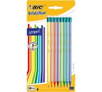 BIC Evolution Stripes Lápices de Grafito HB con Goma - colores Surtidos, Blíster de 8 unidades