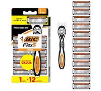 BIC Flex 5 - Maquinillas de afeitar recargables para hombre, maquinillas de afeitar de 5 cuchillas de larga duración para un afeitado suave y cómodo, 1 mango y 12 cartuchos, kit de afeitado de 13