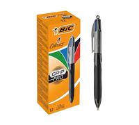 BIC Grip Pro 4 Colours, Boligrafos con Zona de Agarre, Óptimo para Oficina de la Escuela y el Hogar, Azul, Negro, Rojo, Verde, Paquete de 12 Unidades