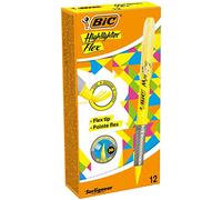 BIC Highlighter Flex Marcadores Punta Flexible - Amarillo, Caja de 12 unidades