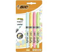 BIC Highlighter Grip Subrayadores Color Pastel, Óptimo para material escolar,Punta Ajustable, Blíster de 4, Yellow, Blue, Green and Pink