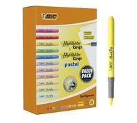 BIC Highlighter Grip Subrayadores de Punta Biselada Regulable - Colores en tonos intensos y pastel, Pack de 24