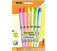 BIC Highlighter Grip Subrayadores de Punta Biselada Regulable - Colores en Tonos Intensos y Pastel, Surtido, Pack de 12