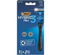 BIC Hybrid 3 Flex - Kit de maquinilla de afeitar recargable para hombre, mango de plástico reciclado al 90% y recambios de 3 cuchillas, caja de 1+2
