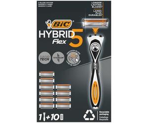 BIC Hybrid 5 Flex Maquinilla Recargable para Hombre, 1 Mango con Contrapeso y Recambios de Hojas Móviles Recubiertas de Titanio con Nanotecnología - Pack de 1+10