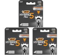 BIC Hybrid 5 Flex - Recambios de maquinilla de afeitar para hombre con 5 cuchillas móviles de titanio Nano-Tech - Caja de 4 cartuchos (Paquete de 3)