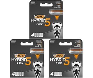 BIC Hybrid 5 Flex - Recambios de maquinilla de afeitar para hombre con 5 cuchillas móviles de titanio Nano-Tech - Caja de 4 cartuchos (Paquete de 3)