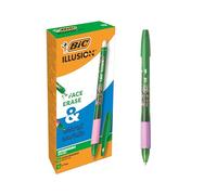 BIC Illusion Bolígrafos Borrables y Recargables de Punta Media (0,7 mm) - Tinta Verde, Caja de 12