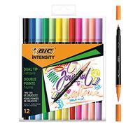 BIC Intensity Dual Tip, Rotulador de Punta Doble. Punta Fina (0,7 mm) y Punta de Pincel Flexible, Colores Surtidos originales y pastel, Paquete de 12 uds