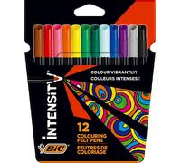 BIC Intensity, Rotulador de Tinta Lavable de Larga Duración, Punta Fina resistente (0.9 mm), Colores Surtidos, Paquete de 12 uds