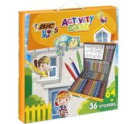 BIC Kids Activity Case, Maletín Creativo de 100 Piezas que incluye 24 Lápices, 24 Rotuladores, 16 Crayones y 36 Adhesivos. Incluye 36 stickers. Ideal para regalo, diversión asegurada.