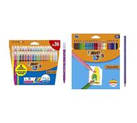 BIC Kids Kid Couleur Rotuladores para niños, Punta Media Colores Surtidos, Estuche de 36 Unidades + Lápices de Colores para Niños, Óptimo para material escolar,Tropicolors