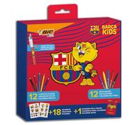 BIC Kids Kit de Colorear FC BARCELONA con Bolígrafo 4 Colores Exclusivo: CAT, 12 Lápices de Colores BIC Tropicolors, 12 Rotuladores Kid Couleur, Cuaderno para Colorear y 18 Pegatinas del FC Barcelona