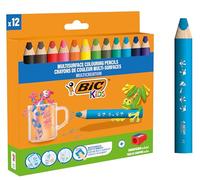BIC 525343 Kids Lápices Multisuperficie con Cuerpo Triangular y Minas Borrables en Superficies No Porosas-Colores Surtidos, Pack de 12+1 Sacapuntas, Madera, Multicolor
